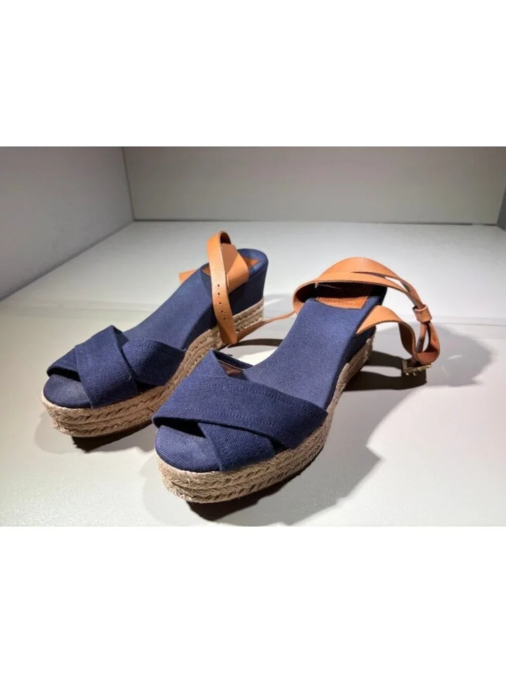 Tory Burch Navy Canvas Espadrille Wedge Sandals